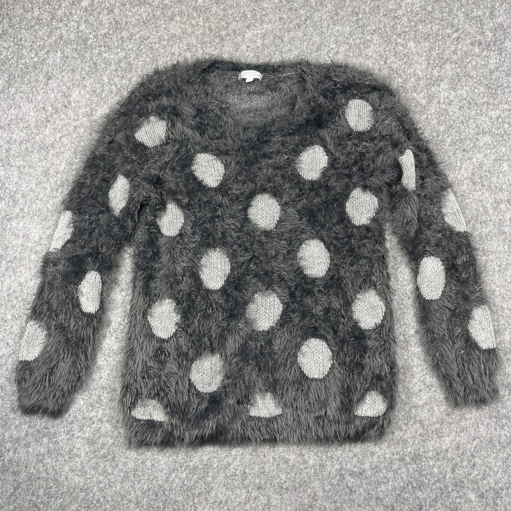 Joseph A Sweater Women's Large Charcoal White Polka Dot Fuzzy Soft Cozycore